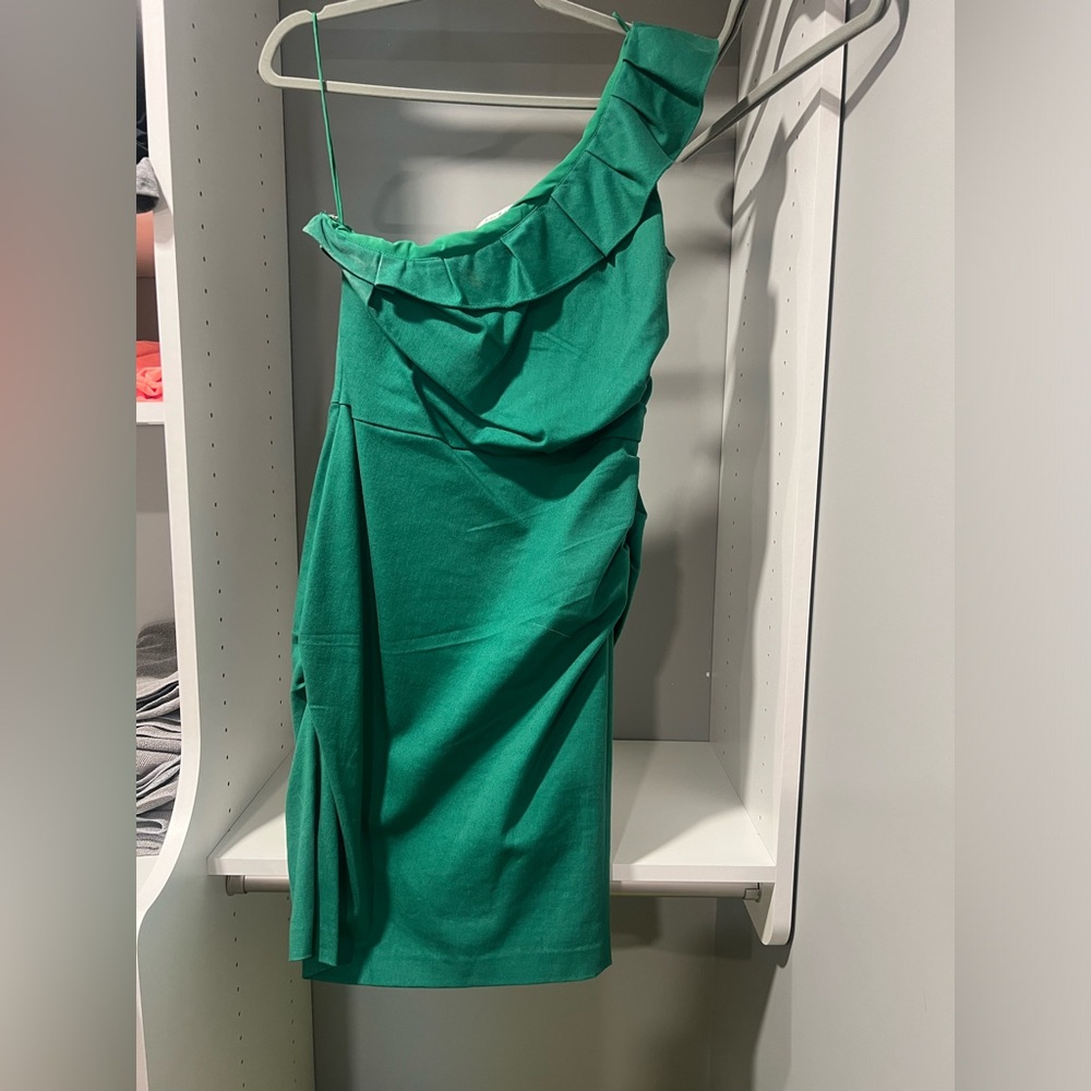 Green one shoulder dress. Mark and James by Bradley Mischka